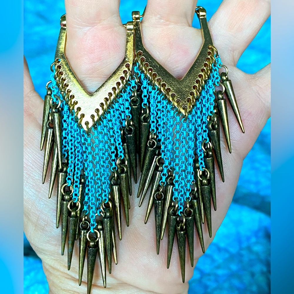 SALE 5/$25!! pierced dangle earrings,gold hoop,blue chain fringe cone charm